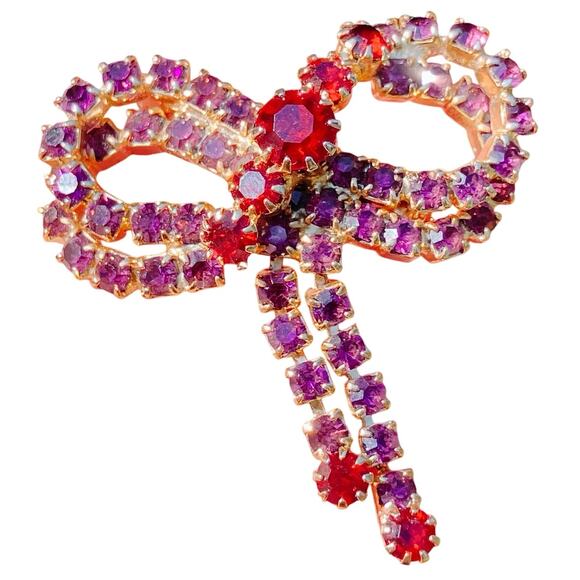 VTG 1960s Brooch Red Glass Rhinestone Bow Mid Century Gold Tone Pin Sparkly - Picture 4 of 11